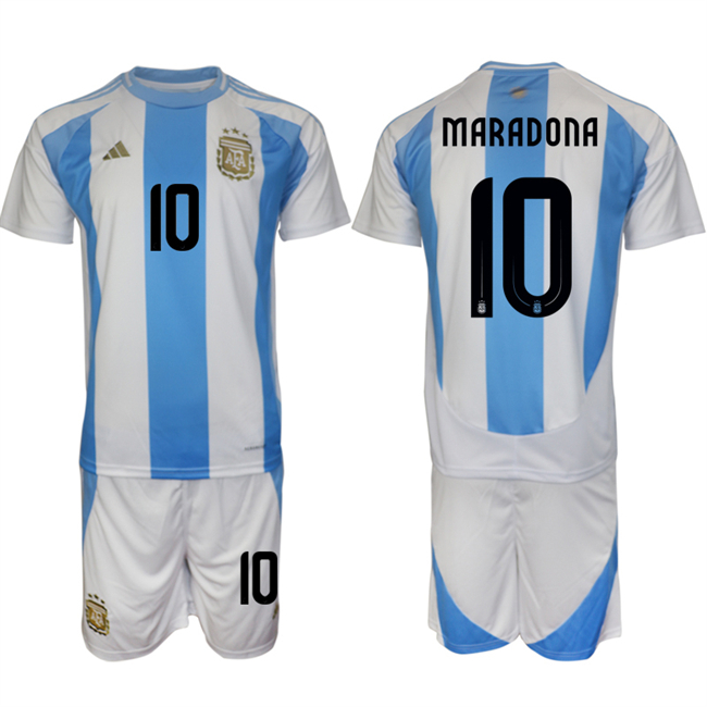 Men's Argentina #10 Diego Maradona White/Blue 2024-25 Home Soccer Jersey Suit